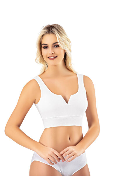 Arseno Women's Combed Cotton Ribbed Knit Pads Deep V-Neck Detail Bustier Whit...