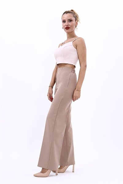 ÖNDER ÖZSOY بنطلون نسائي مريح واسع الساقين بخصر مطاطي - لون حجري