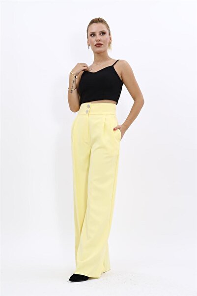 ÖNDER ÖZSOY بنطلون نسائي بخصر عالٍ جدًا وطيات - أصفر