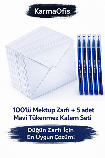 KarmaOfis مجموعة مكونة من 100 ظرف زفاف + 5 أقلام حبر جاف زرقاء |   حزمة مغلفا...