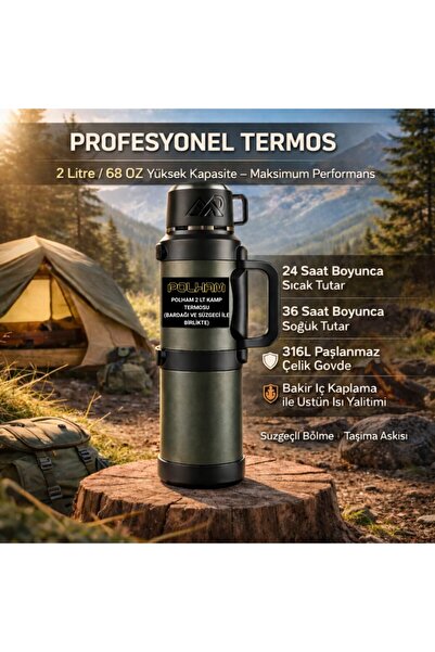 Polham 2 Litre Kamp Termosu–24 Saat Sıcak/36 Saat Soğuk, 316L Paslanmaz Çelik...