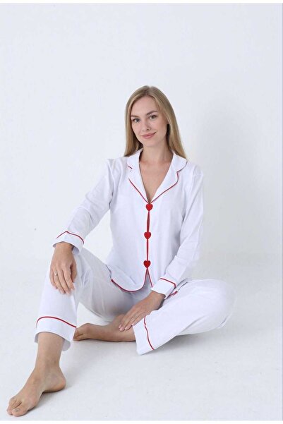 Hukateks Heart Embroidered 100% Cotton Shirt Collar Women's Pajama Set