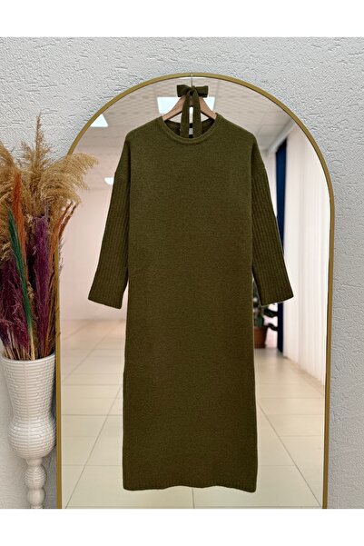 MİHRA STORE Fionelle Handle Corded Fabric Belted Knitwear Dress-Kr5057 Khaki