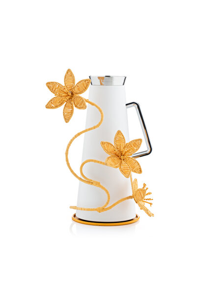 Blends ترمس شاي وقهوة أبيض اللون مع حامل مزين بنقوش زهرية صفراء من ناقة