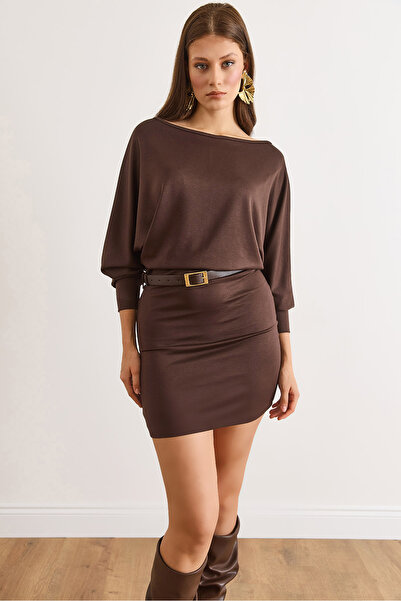 Olalook Women's Brown Bat Belted Soft Textured Mini Dress Elb-19002580