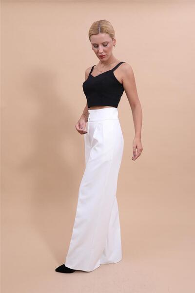 ÖNDER ÖZSOY بنطلون نسائي باليزو ذو خصر عالٍ للغاية - أبيض