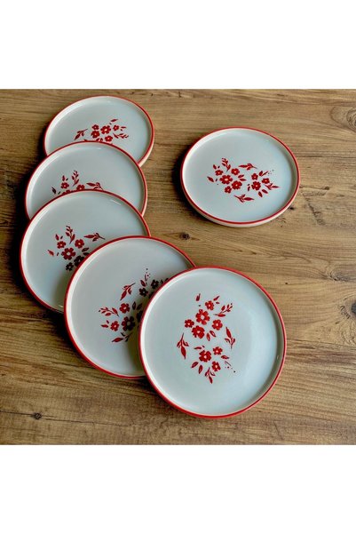 NOKTAPORSELENVESERAMİK 6-Piece Breakfast Set Red Scattered Roses Circled Tokyo Series 6 Pieces