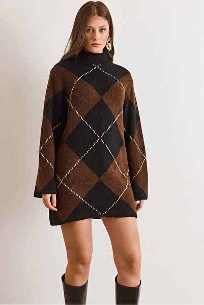 Olalook Women's Brown Black Mock Neck Diamond Pattern Knitwear Tunic Dress El...