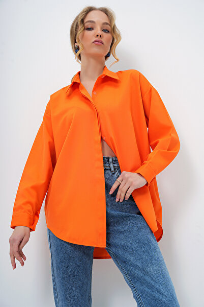 Trend Alaçatı Stili Kadın Portakal Oversize Uzun Dokuma Gömlek ALC-X6828
