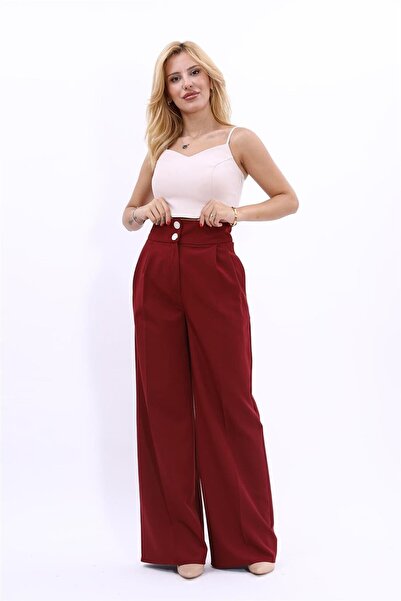 ÖNDER ÖZSOY بنطلون نسائي بخصر عالٍ جدًا وطيات - لون عنابي