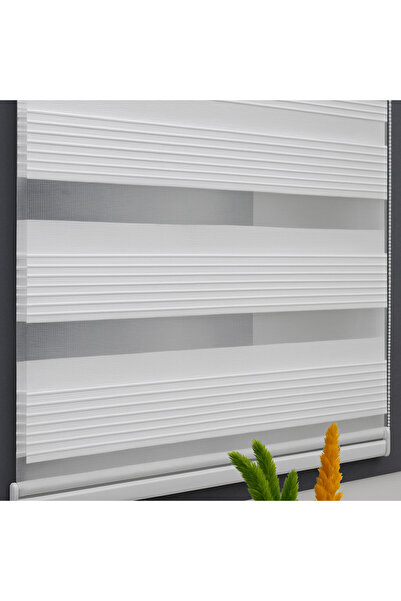 GİVAYO STOR Ekru Beyaz Geniş Pliseli Düz Zebra Stor Perde