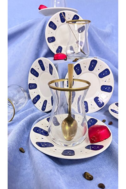 ers erbaşlar Melodi Mavi̇ Gold Decorated 12 Piece Tea Set for 6 People, Tea C...