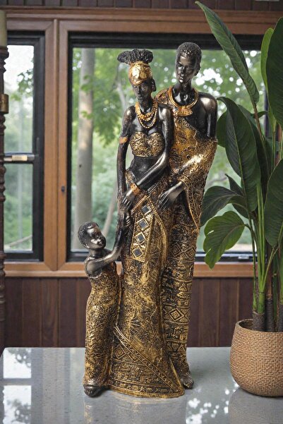 ELSELİFE Lüks İşlemeli Geleneksel Kıyafetli Afrikalı Aile Heykeli | Dekoratif...