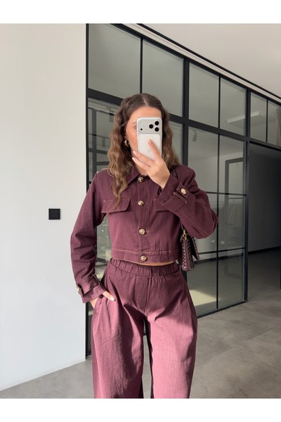 BB Bensu Buyruk Gold Buttoned Crop Jacket Pants Denim Set Mürdüm