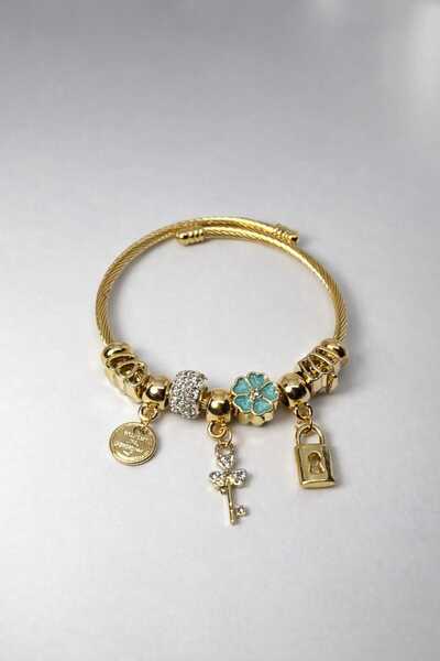 Zenska Jewelry Gold Renk Anahtar ve Kilit Figürlü Zirkon Taşlı Chearm Detaylı...