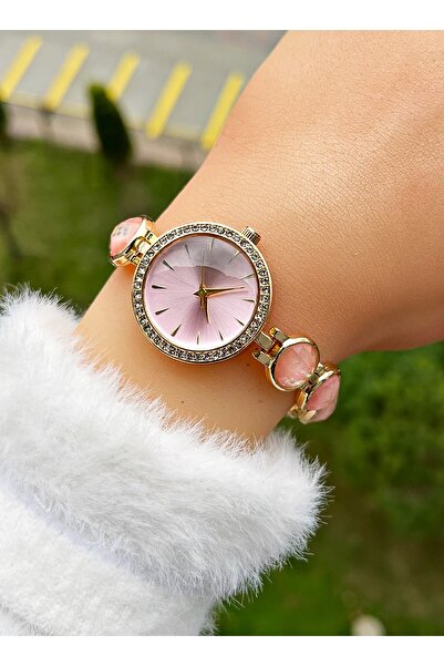 Weluxa Gold Color Pink Dial Glitter Beads Decorated Women Wristwatch + Watch Box