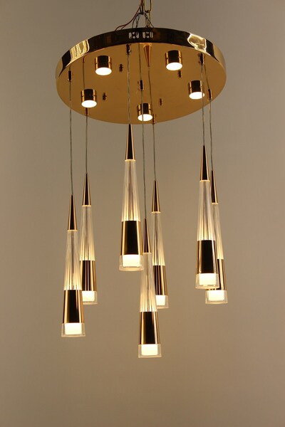 GN GEN AYDINLATMA Lüks Gold Çemberli Seri 7li Konik Model Çizgisel Kristalize...