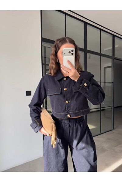 BB Bensu Buyruk Gold Buttoned Crop Jacket Pants Denim Suit Blue