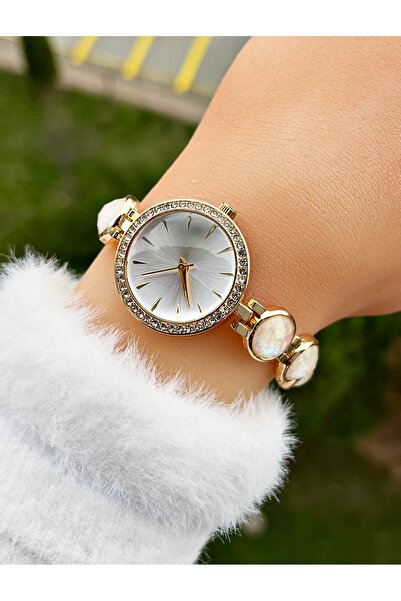 Weluxa Gold Color Silver Dial Glittering Beads Embellished Women Wristwatch +...