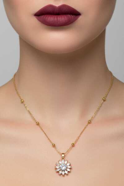 Tuncel Store قلادة فولاذية بسلسلة كروية موديل حجر دائري ذهبي اللون - 3716