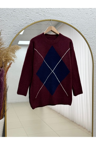 MİHRA STORE Saliha Large Diamond Patterned Knitwear Sweater-Zi̇7040 Burgundy