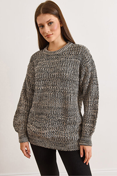 Olalook Women's Black Crew Neck Fuzzy Casual Knit Sweater Kzk-19001121