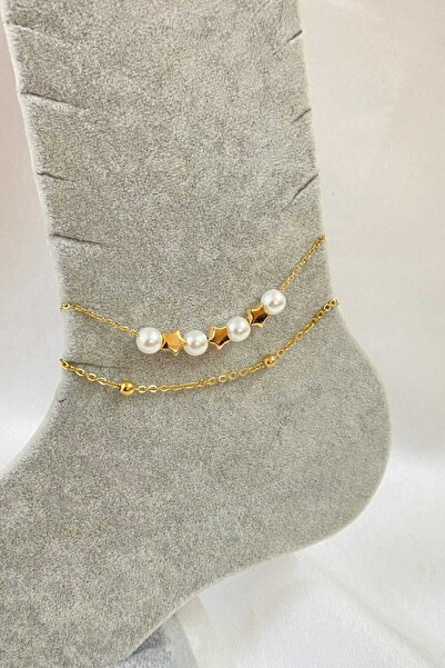 Tuncel Store خلخال من الفولاذ بتصميم نجمة لؤلؤية ذهبية اللون وسلسلة Sf - 3271