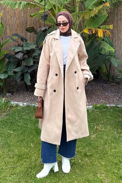 lamelif Παλτό με λεπτομέρεια με κορδόνια σε καφέ γαλακτώδες χρώμα