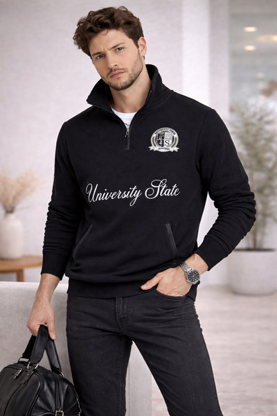 Polo State Men's Mock Neck Half Zipper Printed Sweatshirt Black