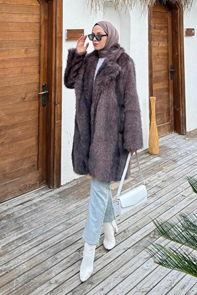 lamelif Long Faux Fur Coat Chocolate Brown