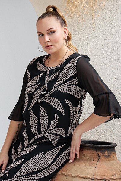 RMG Plus Size Black Dress with Tulle Detail on the Sleeves and Skirt