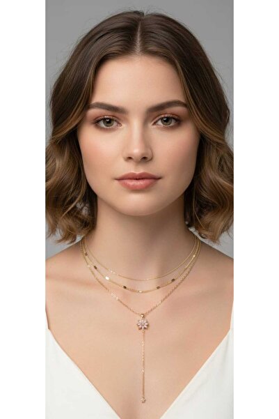 Pembe Zirkon Taşlı Çiçek Figürlü Üçlü Kombin Lariat Y Kolye