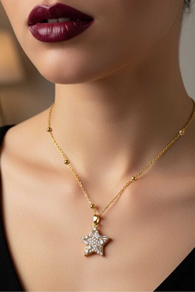 NKIE JEWELS قلادة فولاذية بسلسلة كروية موديل نجمة ذهبية اللون - 3722