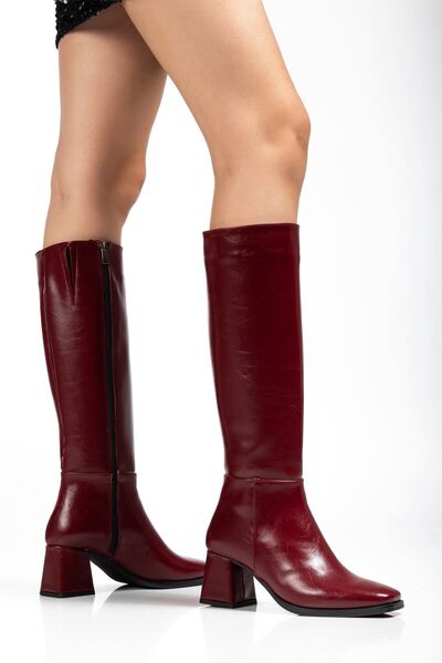 Zerenyus ZRİN-4804 Premium Bordo Kırışık Rugan Fermuarlı Topuklu Çizme