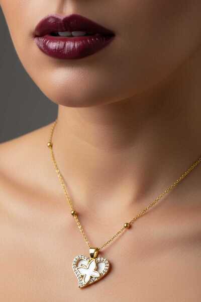 NKIE JEWELS قلادة فولاذية بسلسلة كروية على شكل قلب أبيض وفراشة ذهبية اللون - ...