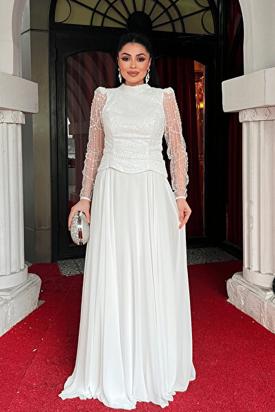 giyimmasalı Top Beading Detailed Bottom Chiffon Dress - White