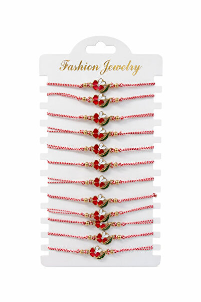 OEM Set de 12 brățări Mărțișor cu Trifoi Auriu și Strasuri, Șnur Roșu Reglabi...