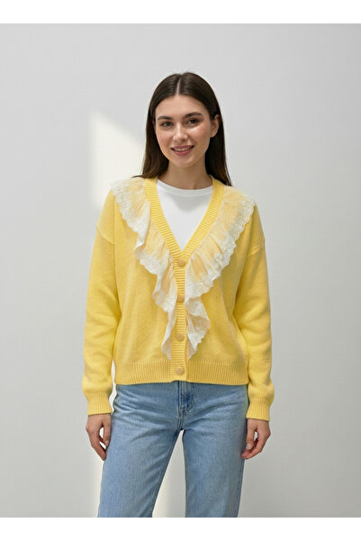 Hatun Atila Women's Yellow Lace Collar Ruffled Buttoned V-Neck Knitted Sweate...