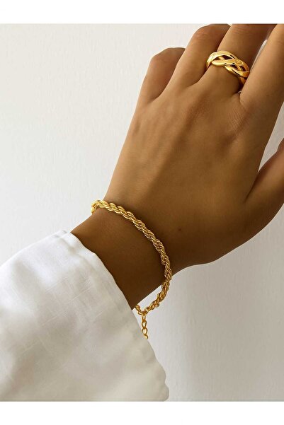 Tuncel Store سوار ستيل ملتوي ذهبي اللون للجنسين - 3354