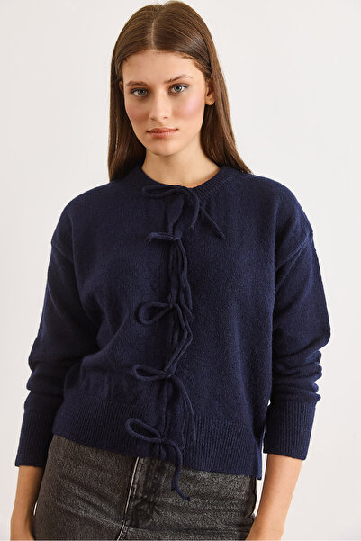 Olalook Women's Navy Blue Lace Detailed Soft Textured Knitwear Cardigan Hrk-1...