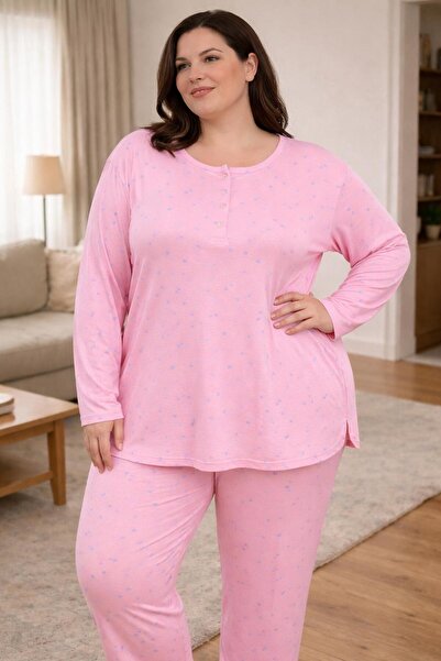 Hukateks Battal Size Patterned Buttoned Women's Pajama Set / Plus Size