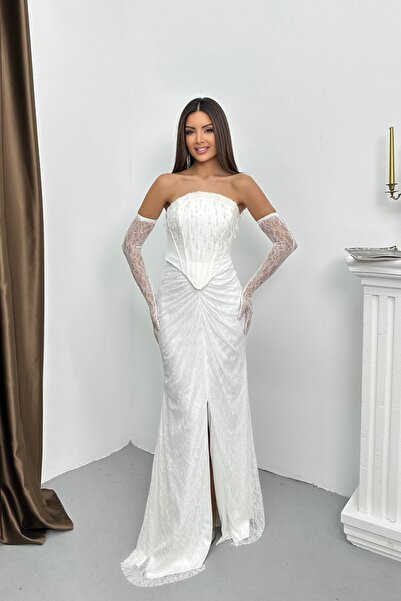 İyem Abiye Eldivenli Dantel Kumaşlı Ve Göğüs Taş Saçaklı Şık Tasarım Abiye El...