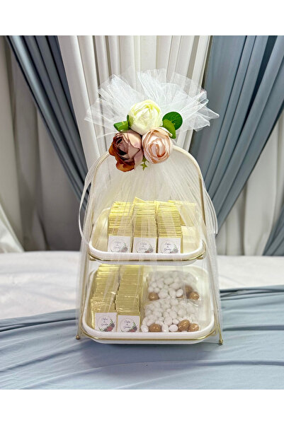 Cyz Home Kişiye Özel İki Katlı Sunumluk Beyaz Tül Şakayık Süslemeli 80 Adet S...