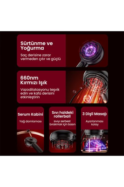 YUES Saç Masaj Tarağı - Kırmızı Işık Terapili, Serum Hazneli, Şarjlı
