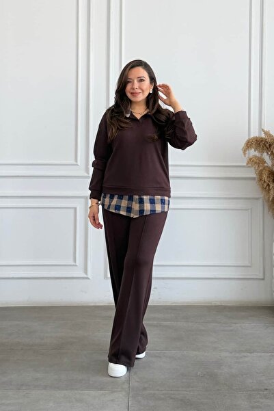 Yağmur Butik Yaka Ve Etek Ucu Ekose Taş Detaylı Eşofman Takımı