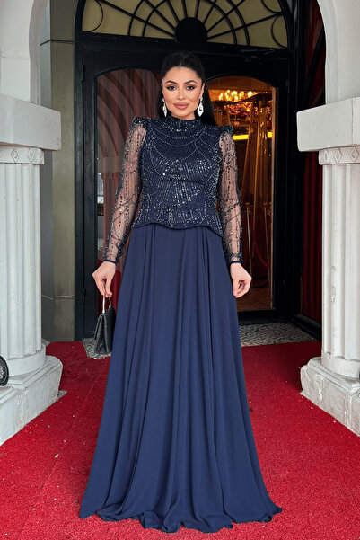 giyimmasalı فستان شيفون بتفاصيل خرزية في الأعلى - أزرق داكن