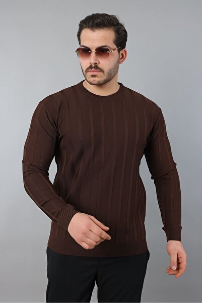 masso Men's Long Sleeve Crew Neck Self-Striped Knitwear