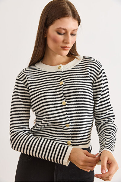 Olalook Women's Black Crew Neck Striped Basic Knit Cardigan Hrk-19000456