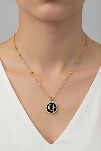 NKIE JEWELS قلادة فولاذية بسلسلة كروية مطلية بالمينا السوداء على شكل نجمة وهل...