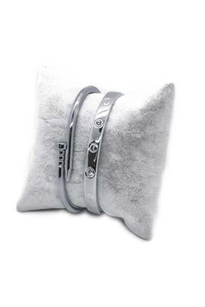 Genel Markalar Kadın Gümüş Renk Çivi Ve Taşlı Cartier Bileklik Set